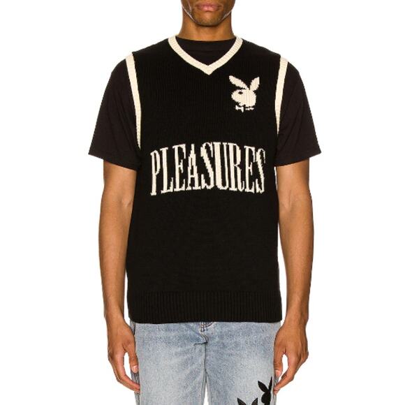 PLEASURES x Playboy Sweater Vest Vintage V-Neck Sleeveless Logo Pullover, Black - Picture 1 of 14